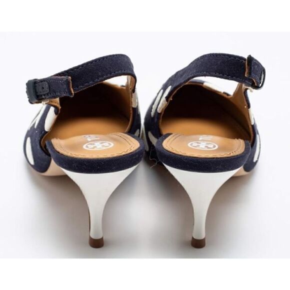 Tory Burch Navy Blue/White Polka Dot Canvas and Leather Spencer Slingback Pumps - Picture 6 of 10